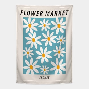 Flower market, Sydney, Colorful retro print, Fun art, Cottagecore, Positive art, Abstract blue flowers Tapestry