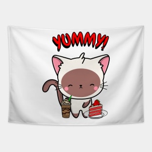 Cute white cat is having coffee and cake Tapestry