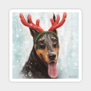 Painting of a Doberman with a Reindeer Headpiece Costume Magnet