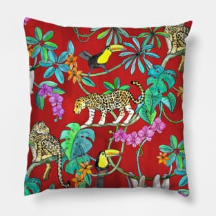 Rainforest Friends - watercolor animals on textured red Pillow