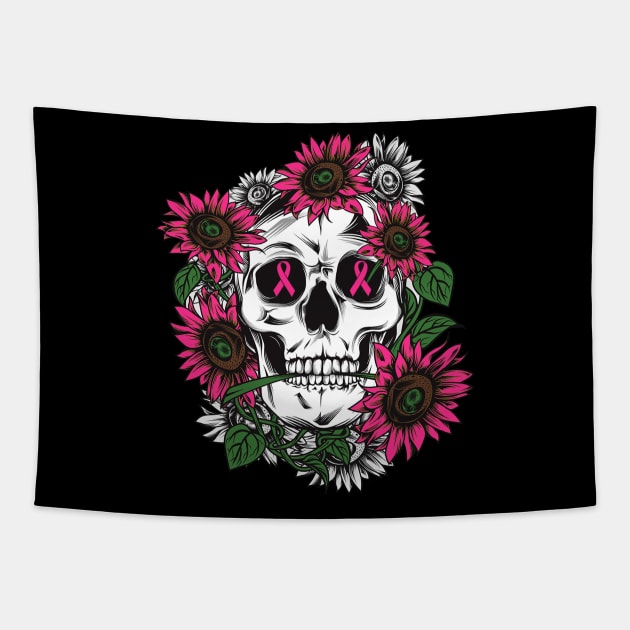 breast cancer pink sunflower skull Tapestry by TeesCircle