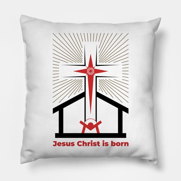 Baby Jesus in the barn, from above the light of the star of Bethlehem. Nativity of the Savior Christ. Pillow by Reformer