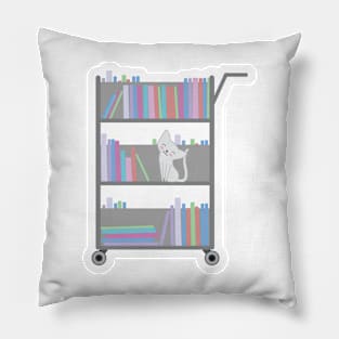 White Cat on Library Cart Pillow