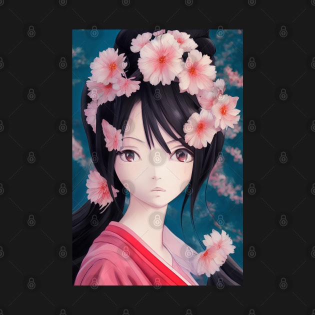 Anime geisha girl with pink flowers by Ravenglow