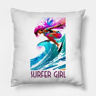 surfer girl, beach surf, wave riding, v1 Pillow