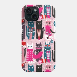 Feline Christmas vibes // pattern // pink background green fuchsia pink white and black kittens Phone Case