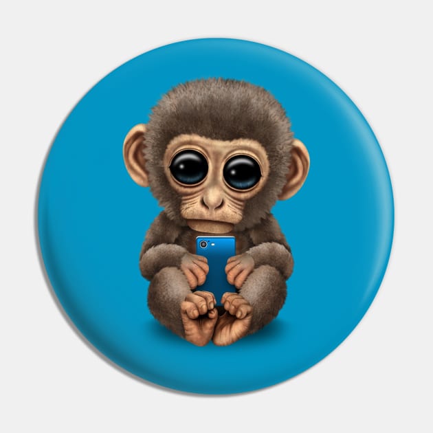 Cute Baby Monkey Holding a Blue Cell Phone Pin by jeffbartels