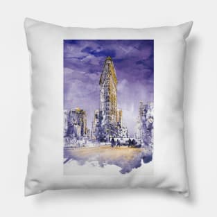 New York Watercolor Cityscape - Flatiron Building Pillow