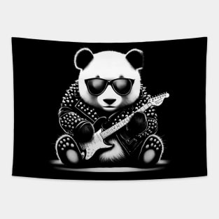 A panda bear wearing an old leather jacket and playing the guitar. Tapestry