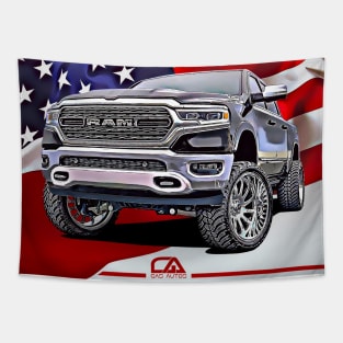 Dodge Ram and The American Flag by Gas Autos Tapestry