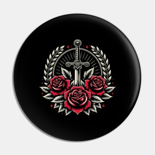 Medieval art - sword, laurel and roses Pin