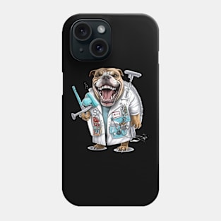 an English Bulldog wearing a dentist's coat and holding a dental drill Phone Case