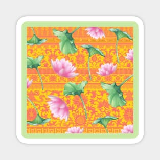 Hong Kong Lotus Pink and Green with Floral Pastel Orange and Pink Pattern Magnet