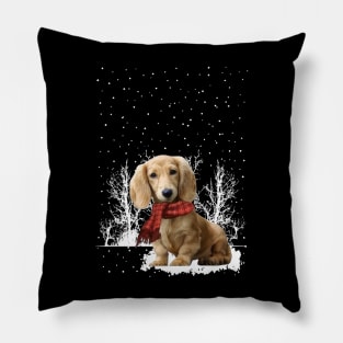 Christmas Cream Dachshund With Scarf In Winter Forest Pillow