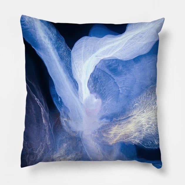 Alcohol ink abstract blue, white, gold on a black background. Style incorporates the swirls of marble or the ripples of agate. Pillow by MariDein