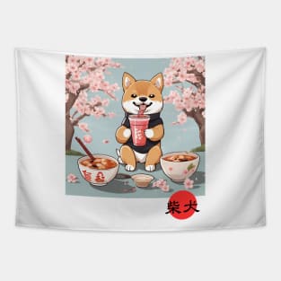 Japanese Shiba Inu Sakura Cherry Blossoms Kanji Tapestry