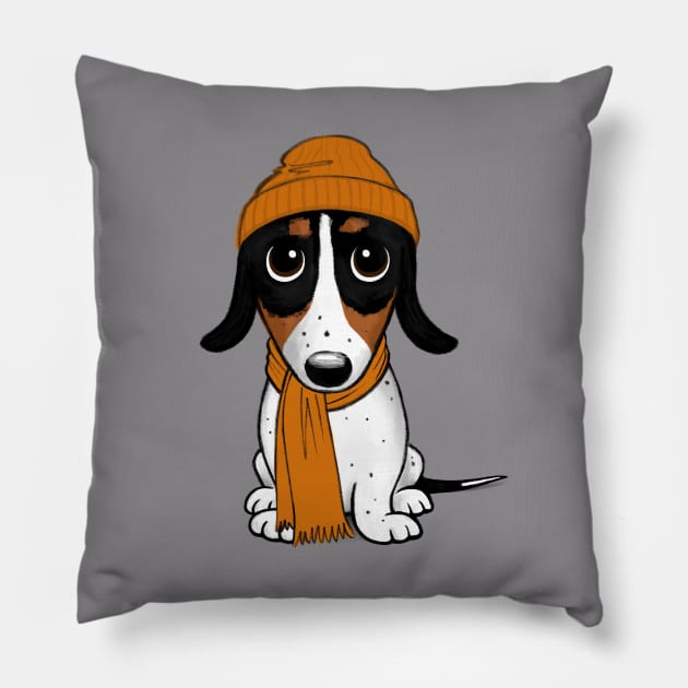 Piebald Dachshund - Cute Dog Wearing Beanie Cap Pillow by Coffee Squirrel