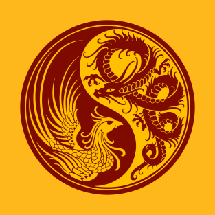 Yellow and Red Dragon Phoenix Yin Yang T-Shirt