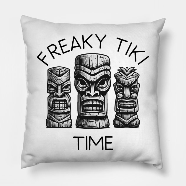 Three Tiki Statues - Freaky Tiki Time (Black Lettering) Pillow by VelvetRoom