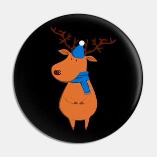Funny Christmas Reindeer in Blue Hat & Scarf Pin