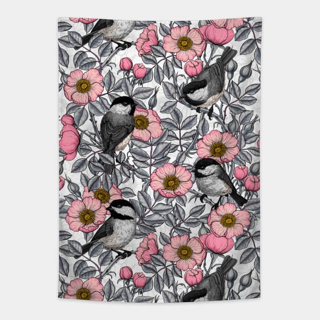 Chickadees in the wild rose, pink and gray Tapestry by katerinamk