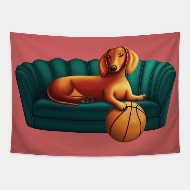 Dachshund on a couch Tapestry by SqwabbitArt