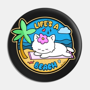 "Life's A Beach" Kawaii kitty sunbathing on a beach Pin