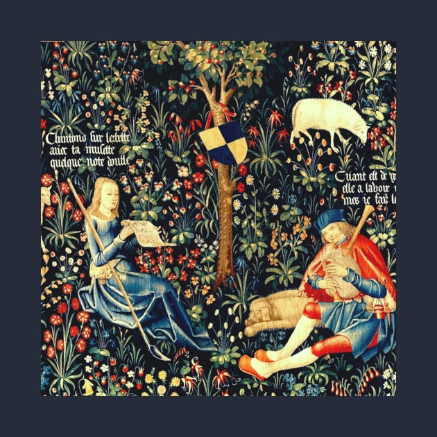 Medieval Renaissance Tapestry Shepherd, Shepherdess and Sheep in Flowery Meadow by Pixelchicken