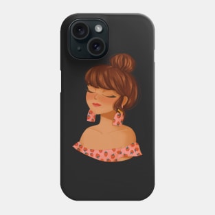 Girl character with a high bun strawberry pattern Phone Case