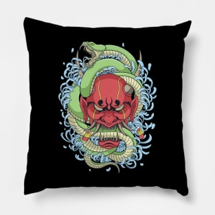 Oni mask with green snake Pillow