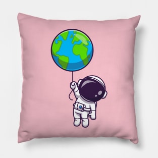 Cute Astronaut Floating With Earth Balloon Cartoon Pillow