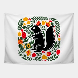 Folk Art Squirrel with Bright Flowers and Leaves Tapestry