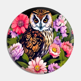 A Cute Short Eared Owl Surrounded by Bold Vibrant Spring Flowers Pin