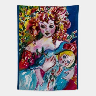 LITTLE GIRL WITH DOLL , HOLLY BERRIES, CHRISTMAS GIFTS Tapestry