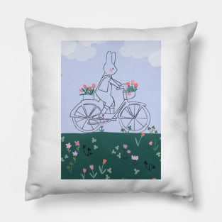 Bunny Cycling in a Flower Field Pillow