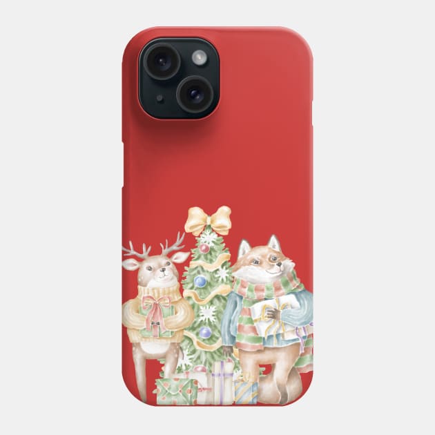 cute fox and deer with presents in front of christmas tree Phone Case by waltzart