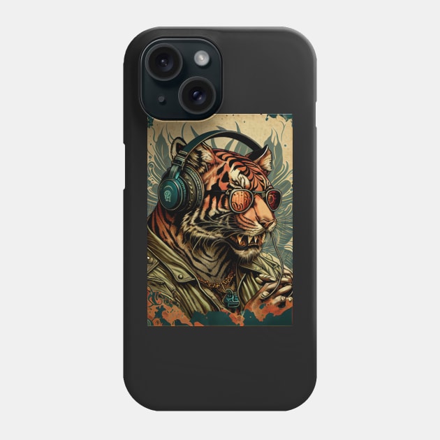 Tiger wearing sunglasses, headphones, and army jacket Phone Case by dholzric