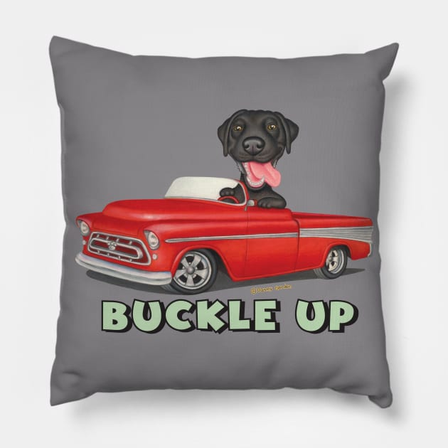 Cute Black labrador Retriever driving Classic Red Truck Pillow by Danny Gordon Art