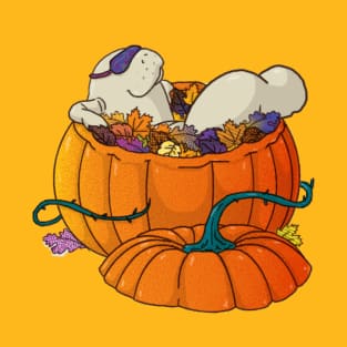 Autumn manatee - manatee with sleep mask bathing in pumpkin full of leaves, surrounded by mushrooms T-Shirt