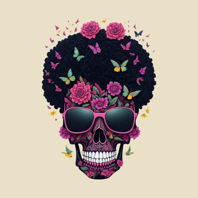 Funny Sugar Candy Skull With Sun Glasses and Afro by allovervintage