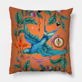 Flying swallow bird. Belladonna. Pillow