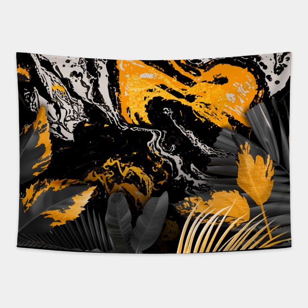 Black Gold marble and monstera Tapestry by GreekTavern