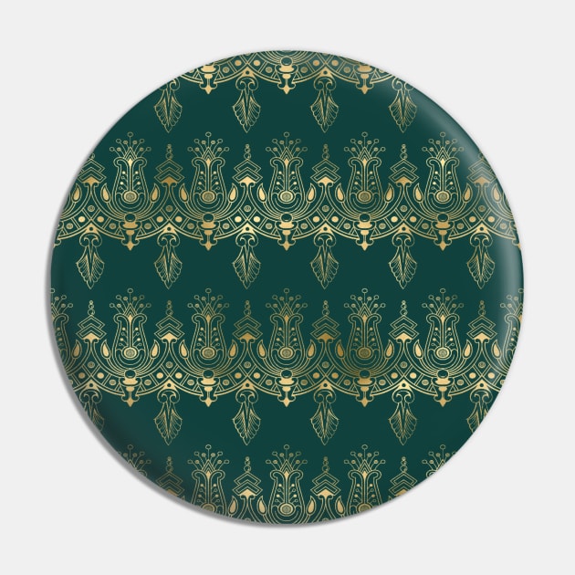 Teal and Gold Vintage Art Deco Damask Border Pattern Pin by podartist