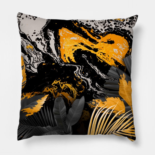 Black Gold marble and monstera Pillow by GreekTavern