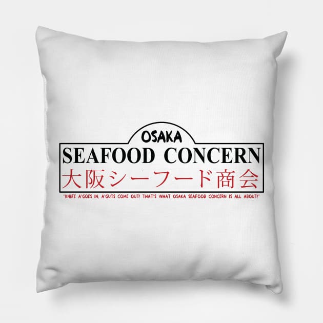 Osaka Seafood Concern (Black Text) Pillow by Roufxis