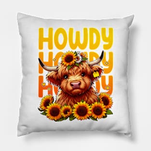 Kawaii Cow Howdy Highland Cow with Sunflowers Pillow