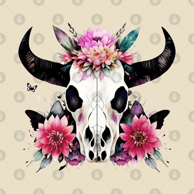 Cow Skull and floral crown, boho, bull skull, watercolor style by Collagedream