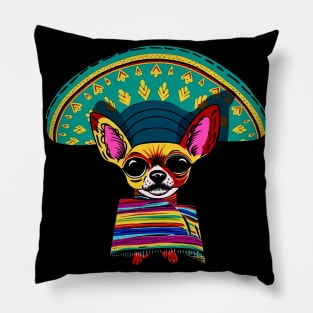 Colorful Mexican Chihuahua in Big Sombrero Vintage Drawing Pillow