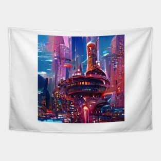 Futuristic Cyberpunk Cityscape Tapestry