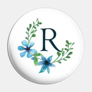 Floral Monogram R Pretty Blue Flowers Pin